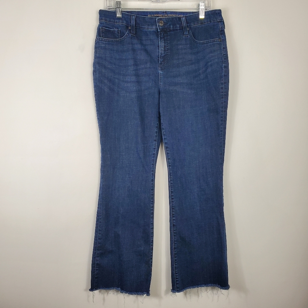 Chico's So Slimming Girlfriend Flare Jeans Womens Size 10 Dark Wash Raw Hem